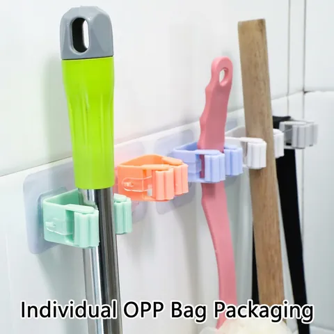 Wall Mounted Mop Holder No-Drill Broom Organizer Hook Plastic Non-Marking Self Adhesive Rack For Bathroom Kitchen