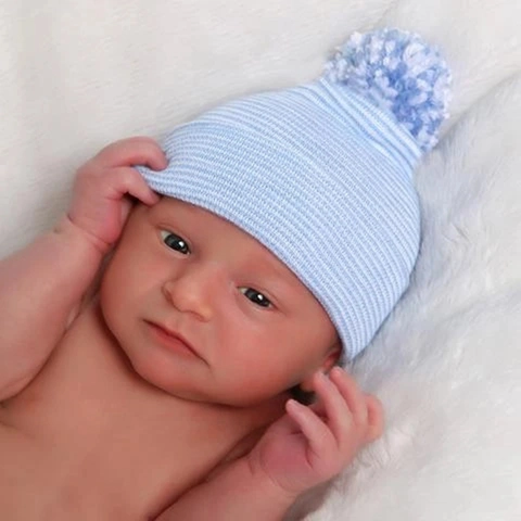Newborn Baby Striped Knitted Beanie Double Layer Thick Warm Pom Pom Hat For Infants 0-3 Months Winter Toddler Knit Cap
