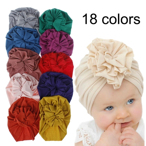 Baby Girl Turban Hat Large Pleated Flower Beanie Soft Cotton Knit Cap Newborn Headwrap Bohemian Style Infant Toddler Hair Accessories