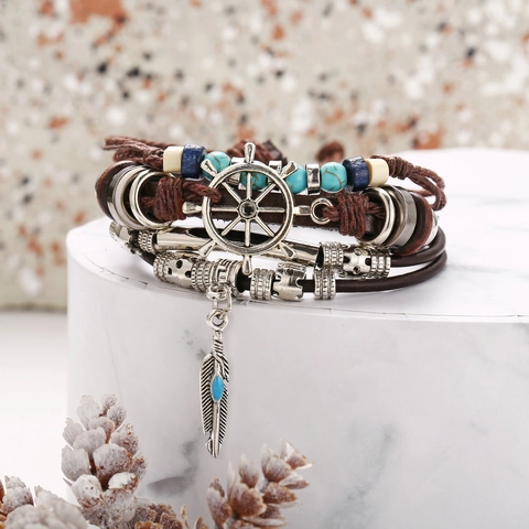 Vintage Multi-layer Faux Leather Bracelet With Rudder And Feather Charm Turquoise Bead Nautical Bohemian Style Unisex