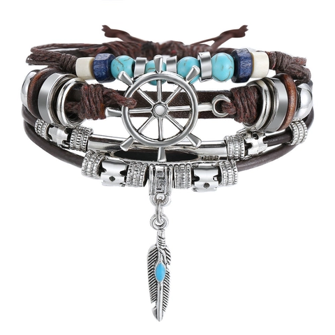 Vintage Multi-layer Faux Leather Bracelet With Rudder And Feather Charm Turquoise Bead Nautical Bohemian Style Unisex