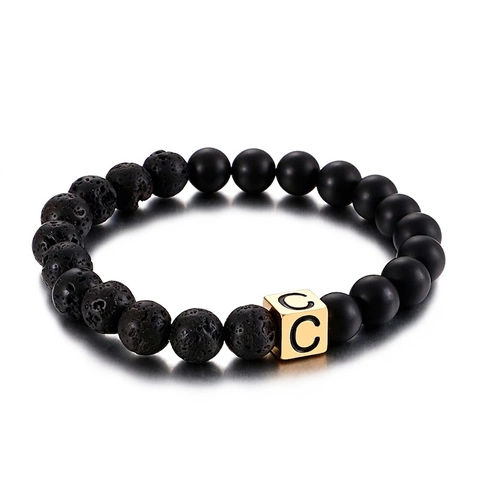 Cuboid Initial Letter Beaded Bracelet Lava Stone Matte Agate Stainless Steel Elastic Jewelry For Men Women Simple Punk Style