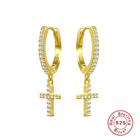 925 Sterling Silver Cross Hoop Earrings For Women Micro Pave Zirconia Dangle Huggies Religious Fashion Jewelry Gift