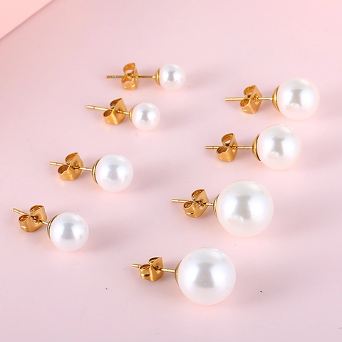 Minimalist Round White Shell Artificial Pearl Stud Earrings For Women Titanium Steel 18K Gold Plated Elegant Jewelry
