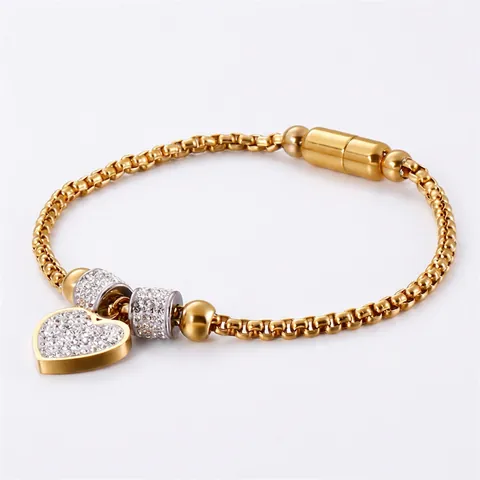 Bracciale Con Pendente A Cuore Acciaio Inossidabile Pavé Di Zirconi Cubici Elegante Catena Box Gioielli Da Donna Chiusura Magnetica