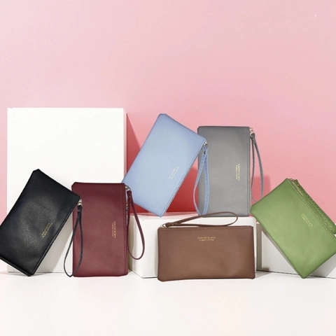 Cartera Larga Mujer Cuero PU Bolso De Mano Delgado Con Correa Para Muñeca Estilo Coreano Retro Ranuras Para Tarjetas Cremallera