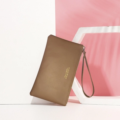 Cartera Larga Mujer Cuero PU Bolso De Mano Delgado Con Correa Para Muñeca Estilo Coreano Retro Ranuras Para Tarjetas Cremallera