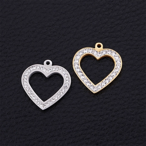 Hollow Heart Pendant Stainless Steel With Rhinestones Gold Plated DIY Accessory For Necklace Phone Chain