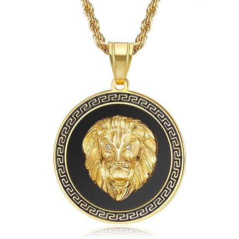 Hip Hop Lion Head Pendant Necklace Stainless Steel Gold Plated Round Greek Key Pattern Enamel Punk Jewelry For Men