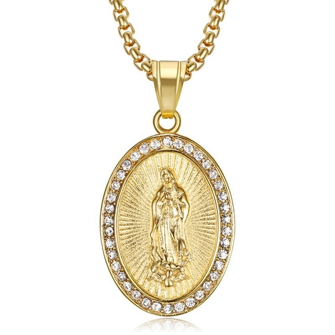 Hiphop 316L Stainless Steel Virgin Mary Pendant Necklace Gold Plated Rhinestone Religious Our Lady Of Guadalupe Oval Pendant Only Without Chain