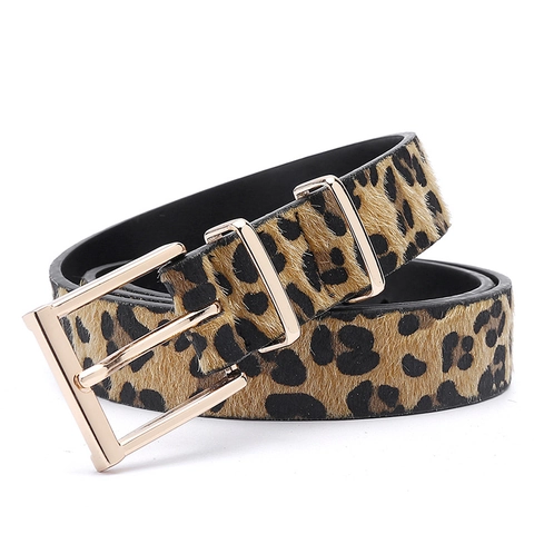 Cinturón De Leopardo Para Mujer Pelo De Poney Artificial Moda Cinturón Con Hebilla De Metal Dorado Para Jeans Vestidos