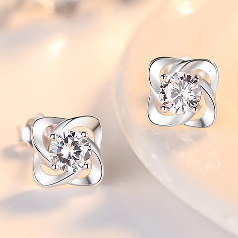 999 Fine Silver Four Leaf Clover Stud Earrings For Women Inlaid Round Zirconia Korean Style Shiny Floral Jewelry Earrings