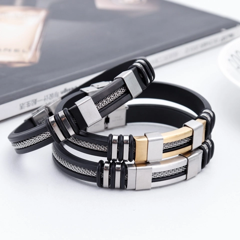 Punk Men's Titanium Steel Silicone Bracelet Industrial Style Mesh Inlay Adjustable Wristband Gold Black Silver Jewelry