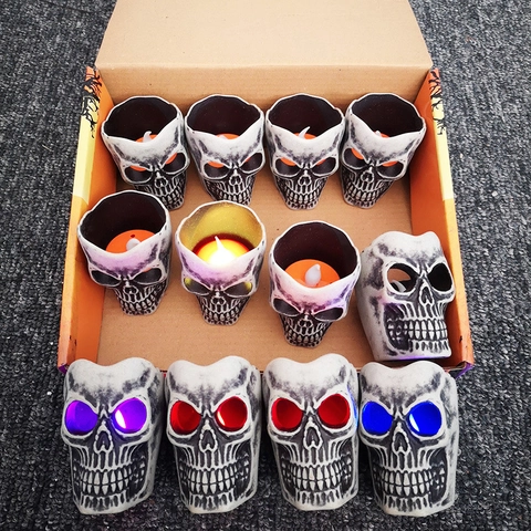 Halloween LED Skull Lamp Retro Ghost Head Night Light Glowing Eyes Plastic Horror Prop For Party Home Holiday Decor