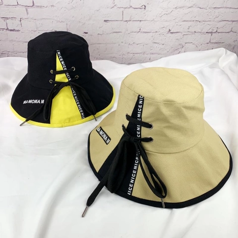 Unisex Baumwolle Color Block Fischerhut Buchstaben Print Kordelzug Schleife Verstellbarer Sonnenschutz Hut Streetwear