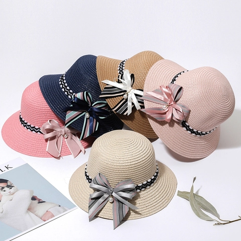 Women Girls Straw Bucket Hat With Ribbon Bow Pearl Decoration Summer Sun Protection Woven Beach Vacation Travel Hat