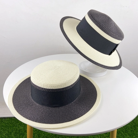 Cappello Di Paglia Boater Retro Francese Top Piatto Tesa Larga Patchwork Colore Fiocco Nastro Parasole Per Donne Estate