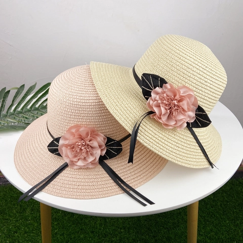 Women Wide Brim Straw Sun Hat Foldable Floral Decor Bucket Hat Summer Beach Sun Protection Elegant Vacation Cap