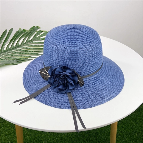 Women Wide Brim Straw Sun Hat Foldable Floral Decor Bucket Hat Summer Beach Sun Protection Elegant Vacation Cap