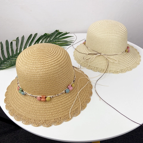 Girls Woven Straw Hat Summer Sun Protection Beach Foldable Scalloped Wave Edge Colorful Beads Rabbit Charm Kids