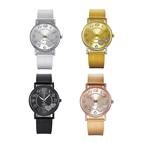 Fashion Women Quartz Watch Round Alloy Case Heart Pattern Dial Stainless Steel Mesh Strap Arabic Numerals Elegant