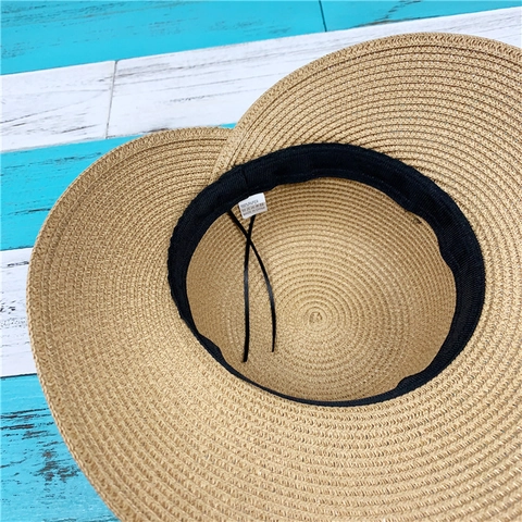 Damen Strohhut Papier Breiter Rand Faltbar Strand Urlaub Elegant Schwarze Schleife Dekor Minimalistisch