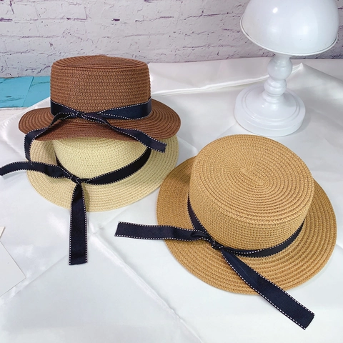 Women Flat Top Straw Boater Hat Elegant Bowknot Ribbon Sun Protection Summer Beach Travel Outdoor Wide Brim Weaving Hat