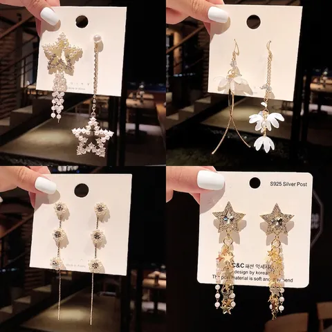 Long Tassel Dangle Earrings For Women Alloy Cubic Zirconia Butterfly Star Flower Design With 925 Sterling Silver Earring Post Elegant Korean Style Jewelry