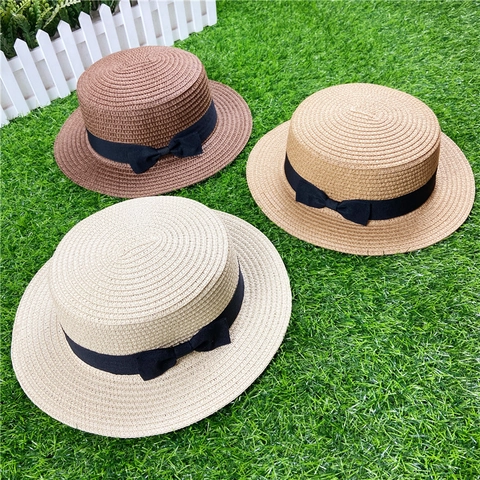 Women Straw Boater Hat Summer Beach Sun Protection Breathable Flat Top Wide Brim With Bow Ribbon Elegant Foldable