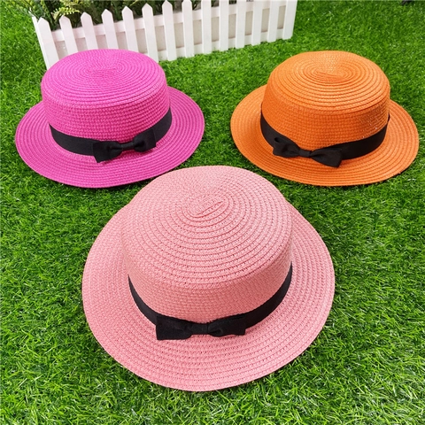 Women Straw Boater Hat Summer Beach Sun Protection Breathable Flat Top Wide Brim With Bow Ribbon Elegant Foldable