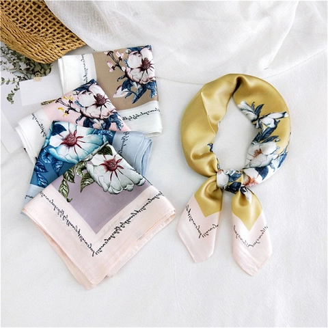Elegant Square Satin Scarf Faux Satin Printed Magnolia Flower Polka Dot Geometric Neck Hair Band Bag Accessory For Women