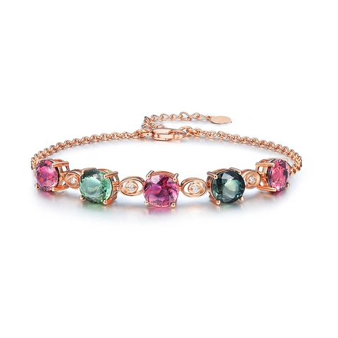 Elegant Multicolor Crystal Bracelet 925 Sterling Silver Rose Gold Plated Round Cut Colorful Gemstones For Women Adjustable