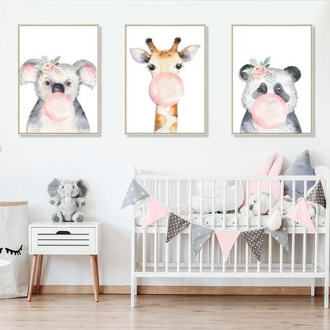 Aquarell Cartoon Waldtier Wandaufkleber Mit Rosa Seifenblasen Koala Giraffe Panda Kinderzimmer Home Dekor