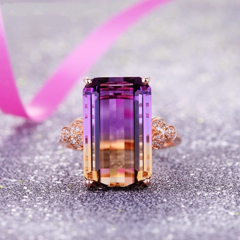 Rechteckiger Smaragdschliff Ametrin Anhänger Halskette Und Ring Legierung Roségold Vergoldet Eleganter Schmuck Valentinstag Geschenk Frauen