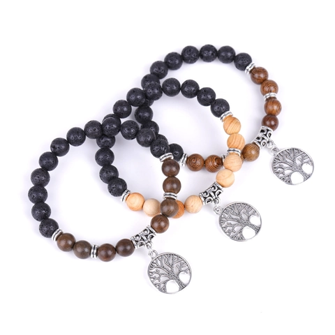 Tree Of Life Pendant Beaded Bracelet Lava Stone Wood Beads Handmade Retro Bohemian Elastic Jewelry Gift For Men Women