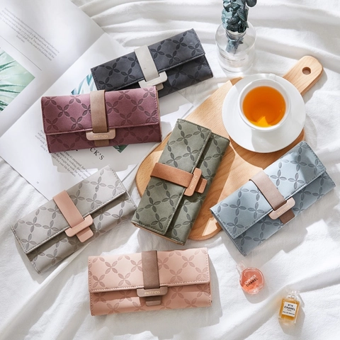 Lange Damen Geldbörse PU Leder Geprägtes Kleeblatt Muster Clutch Portemonnee Kartenhalter Handyfach Mode Schnalle Elegant