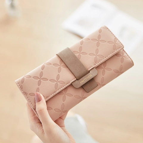 Lange Damen Geldbörse PU Leder Geprägtes Kleeblatt Muster Clutch Portemonnee Kartenhalter Handyfach Mode Schnalle Elegant