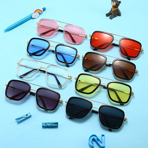 Kinder Quadratische Sonnenbrille Metallrahmen UV400 Schutz Mode Retro Doppelbrücke Brillen Für Jungen Mädchen
