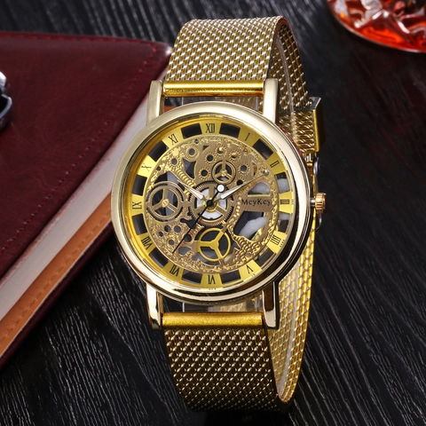 Fashion Men Quartz Watch Hollow Dial Gear Design Alloy Case Silicone Strap Casual Mesh Style Wristwatch For Daily Wear