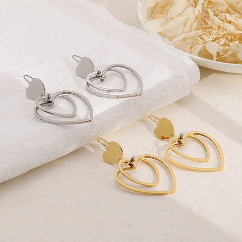 Boucles D'oreilles Pendantes À Cœurs Superposés Acier Inoxydable Forme De Cœur Bijoux Mode Minimalistes Pour Femmes