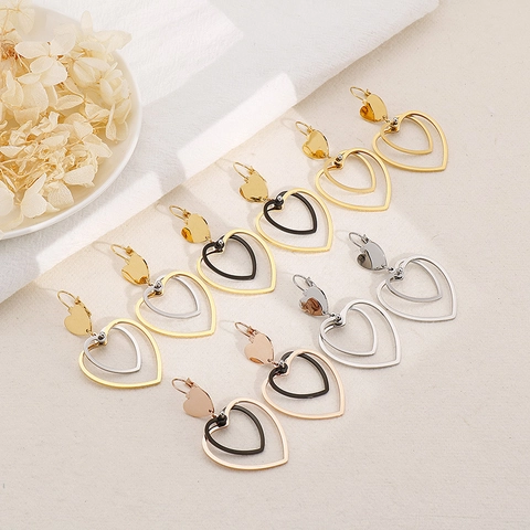 Boucles D'oreilles Pendantes À Cœurs Superposés Acier Inoxydable Forme De Cœur Bijoux Mode Minimalistes Pour Femmes