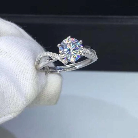 Women Engagement Ring Copper Round Cubic Zirconia Six Prong Setting Micro Pave Twisted Band White Gold Plated
