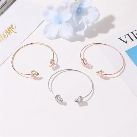 Women Minimalist Open Adjustable Copper Bracelet With Hollow Geometric Triangle Diamond Shape Inlaid Cubic Zirconia Jewelry