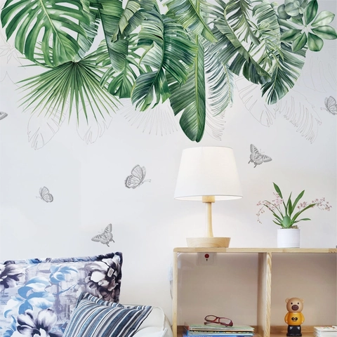 Tropical Green Leaves Wall Sticker PVC Self Adhesive Removable Decal Monstera Palm Leaf Butterfly For Living Room Bedroom
