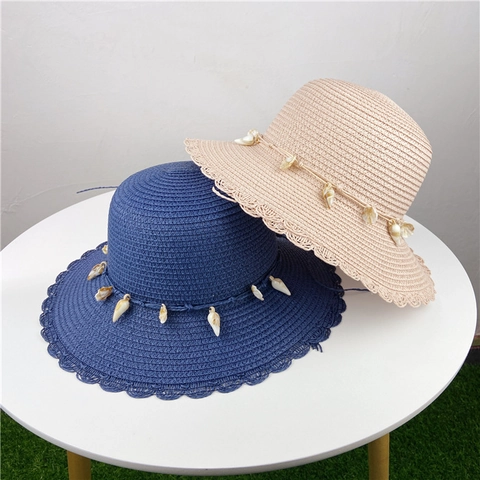 Women Straw Sun Hat Woven Shell Decoration Wide Brim Scalloped Edge Beach Vacation UV Protection Summer Breathable