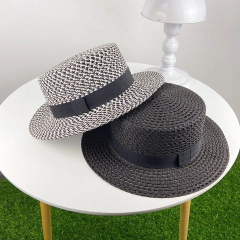 Damen Strohhut Flachdeckel Atmungsaktiv Leinen Gewebt Sonnenschutz Sommer Strand Retro Stil Band Deko