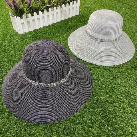 Cappello Di Paglia Donna Tesa Larga Fascia Strass Estate Spiaggia Traspirante Elegante Viaggio