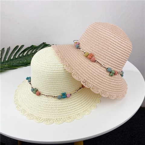 Girls Woven Straw Hat Summer Sun Protection Beach Foldable Scalloped Wave Edge Colorful Beads Rabbit Charm Kids
