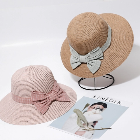 Women Straw Sun Hat Wide Brim Plaid Bow Ribbon Woven Beach Summer Vacation Casual Elegant Sunshade Hat