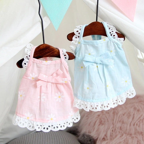 Sweet Daisy Floral Pet Dress With White Lace Hem And Bowknot Cotton Summer Breathable Clothes For Small Dogs Cats